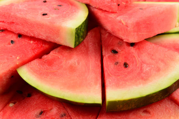 istock Juicy watermelon slices background. Top view. 1193142785
