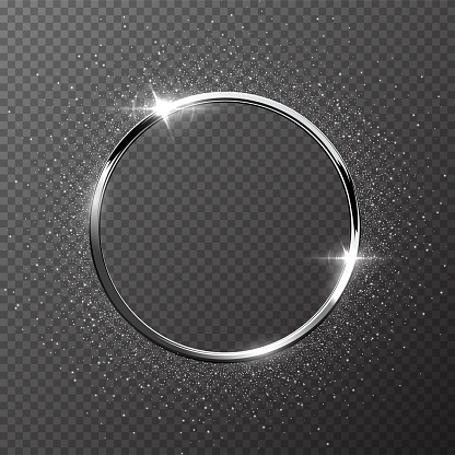 Silver sparkling ring with silver glitter isolated on transparent background. Vector metal frame