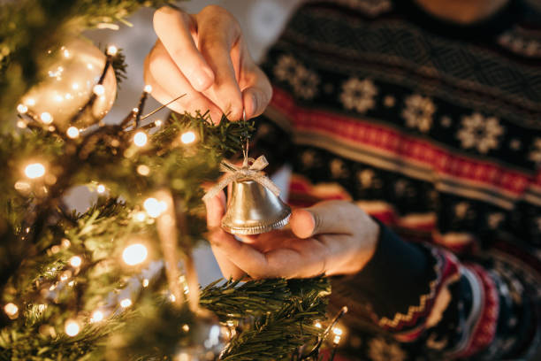 istock Young men decorating Christmas tree in her home. Hands close up 1193148811