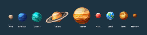 Our galaxy with planets Earth, Jupiter, Saturn, Pluto, Venus, Mercury Solar system with planets. Our galaxy with planets Earth, Jupiter, Saturn, Pluto, Venus, Mercury, Neptune, Mars, Uranus cartoon space objects vector illustration venus planet stock illustrations