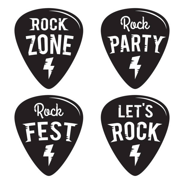 lencana rock fest / set vektor label. heavy metal hipster logo gitar pilih mediator - musik metal gaya musik foto ilustrasi stok