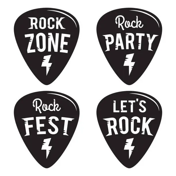 Vector illustration of Rock fest badge/Label vector set. Heavy metal hipster logo guitar pick mediators