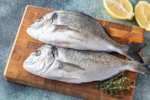 istock Fresh dorada on the wooden board 1193152812