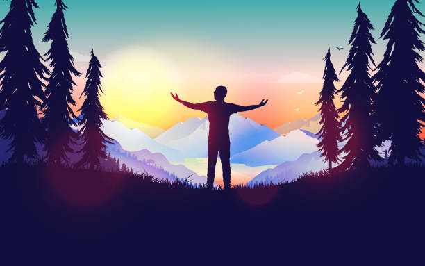 Freedom - the great feeling of being free illustrated with a man admiring the landscape and sunrise silhouette of one person with raised arms, taking in the scenery. Fresh air, hiking, praising, travelling and adventure concept. inspiration silhouettes stock illustrations