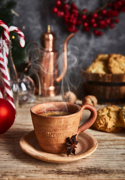 istock Hot coffee in clay cup with star 1193153725