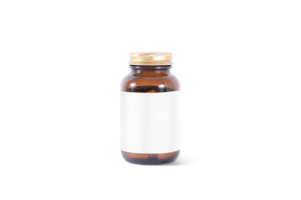 istock Blank amber glass pill can with white label mockup, isolated 1193154182