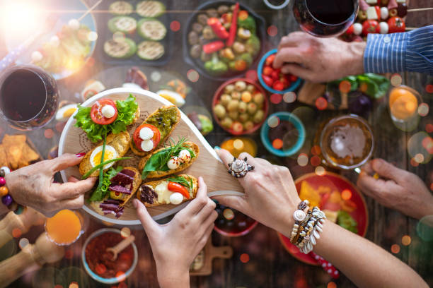 Tapas offering at the family celebration dinner with wine and beer.