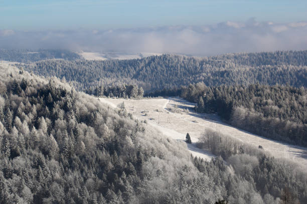 Mountain pass Krzyzowa in winter in Beskid Sadecki. View from Jaworzyna Krynicka Mountain. Mountain pass Krzyzowa in winter in Beskid Sadecki. View from Jaworzyna Krynicka Mountain. beskid mountains photos stock pictures, royalty-free photos & images