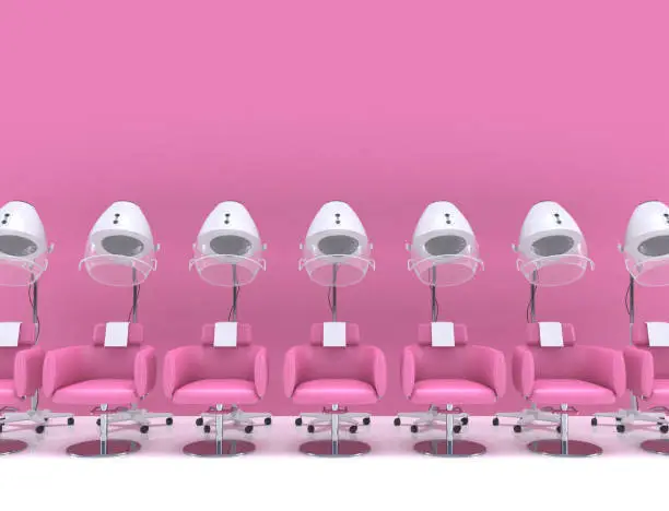 Photo of Similar stand hair dryers with armchairs in the interior of a beauty salon in pastel pink colors. Female hairdresser interior design. 3D rendering illustration with copy space.
