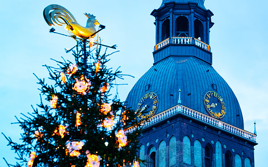 Christmas tree and Riga Cathedral on Dome square winter Riga reflex