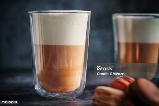 Latte Macchiato Served With Macarons Stock Photo - Download Image Now - Latte, Coffee - Drink, Glass - Material