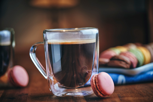 Cup Fresh Coffee Served with Macarons