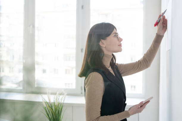 istock Elegant coach with smartphone writing down on whiteboard during presentation 1193161597