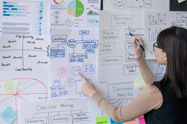 istock Young financial analyst pointing at papers with charts on blackboard 1193161611