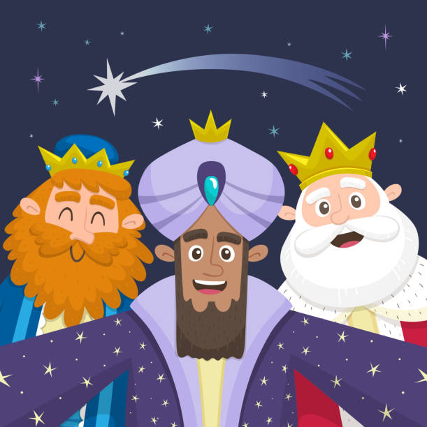 Three wise men taking a selfie Happy three kings of Orient taking a selfie with a starry sky behind. Cartoon illustration of Epiphany Event. Melchior, Balthazar and Gaspard character design. january in spanish stock illustrations