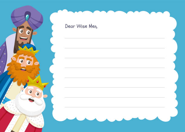 Three wise men letter template. English version. Three wise men letter template in English. Din A4 horizontal format; ready to print. day 6 stock illustrations