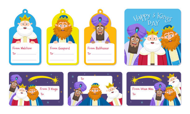 Three Wise Men label collection. English. Three Wise Men label collection in English. Seven cartoon labes with the kings of Orient, perfect for children gifts in Epiphany day. day 6 stock illustrations