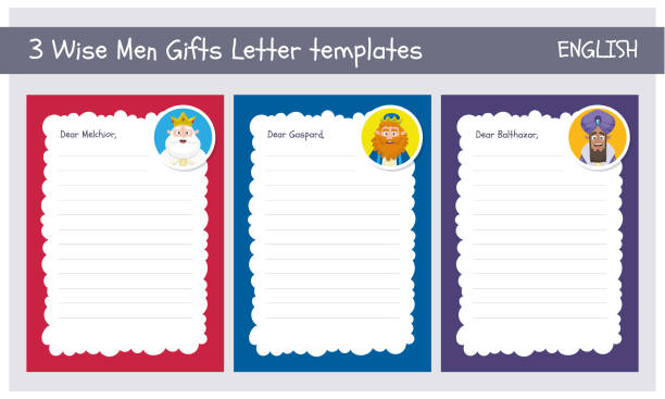 Three wise men letter template collection. English. Three wise men letter template set in English. Din A4 vertical format, one template for each king of Orient. day 6 stock illustrations