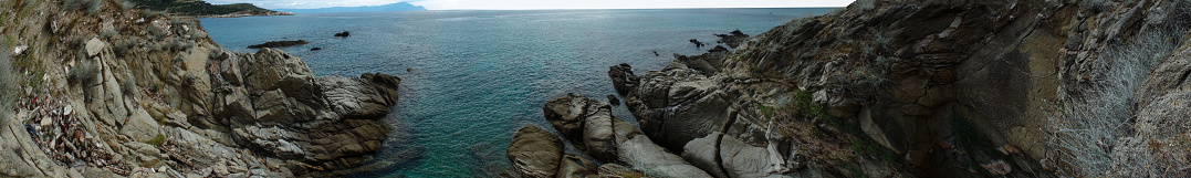Seaside in Greece with beautiful rocks, Halkidiki, Sithonia,panorama