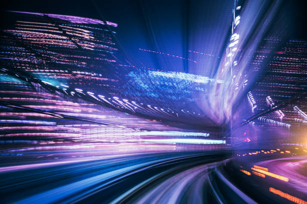istock Futuristic High Speed Light Tail with Night City Background 1193163870