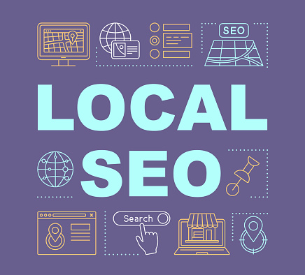 Local SEO word concepts banner. Location based marketing. Global search. Targeting, ranking. Presentation, website. Isolated lettering typography idea with linear icons. Vector outline illustration