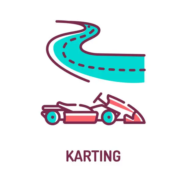 Vector illustration of Karting color line icon on white background. Extreme sport. Racing on the track in a simple racing car. Pictogram for web page, mobile app, promo. UI UX GUI design element. Editable stroke