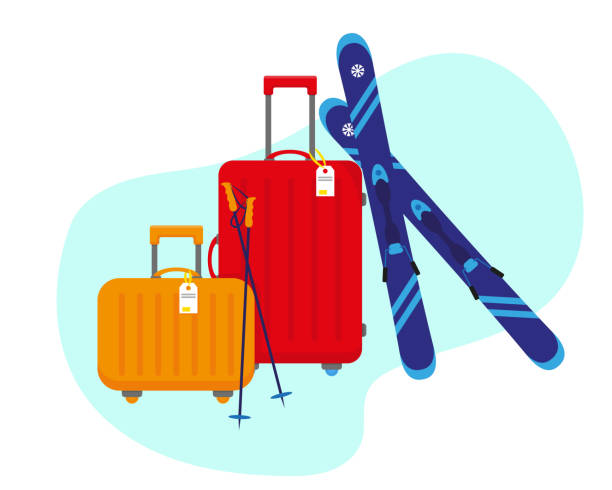 illustrations, cliparts, dessins animés et icônes de les valises lumineuses de voyage et le ski bleu d'isolement sur le fond blanc. illustration de vecteur de concept de vacances d'hiver. - ski travel symbol suitcase