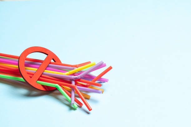 istock Ban on plastic straws for drinks. Prohibition sign and plastic 1193169375