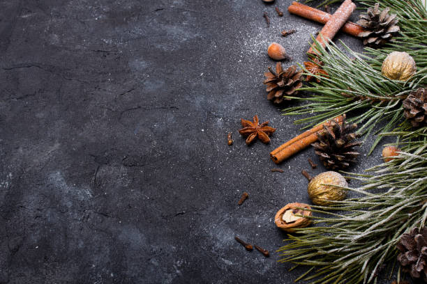 istock Beautiful Christmas Background with copy space for your text. Pine branch, cones, cinnamon, nuts covered with snow 1193171068