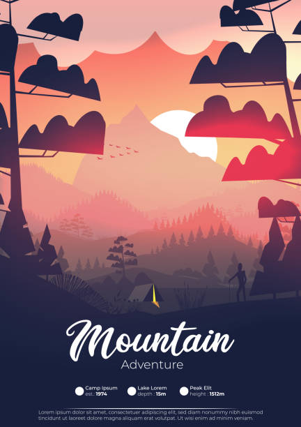 ilustrações de stock, clip art, desenhos animados e ícones de flat minimal lake with pine forest, and mountains at sunset - lake forest landscape silhouette