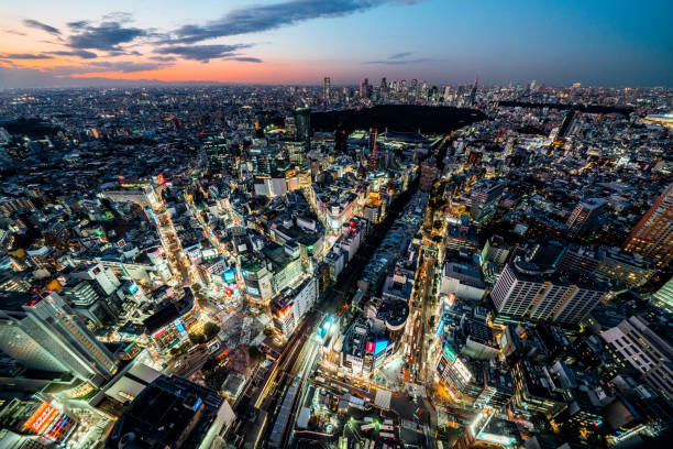 shibuya brouilleà oire traversant le paysage urbain, le transport de la circulation automobile et les gens bondés à pied. vue à angle élevé. attraction touristique d'asie, tourisme japonais, concept de ville asiatique - motor vehicle outdoors crowd landscape photos et images de collection