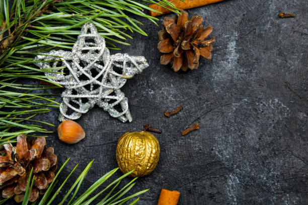 istock Beautiful Christmas Background with copy space for your text. Pine branch, cones, cinnamon and nuts 1193173460