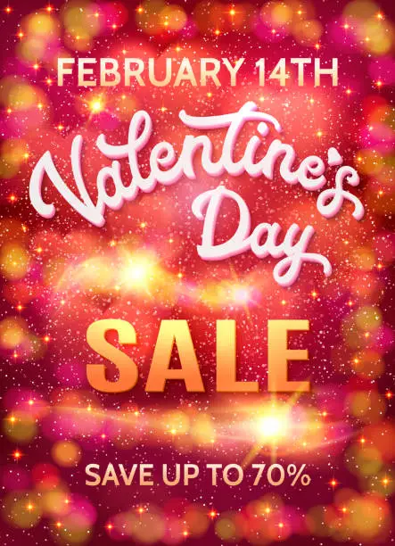 Vector illustration of Valentines day sale poster template on abstract background with hearts, sparkles, stars and bokeh circles. Discount banner with 3d white hand lettering words. Font vector illustration. EPS10