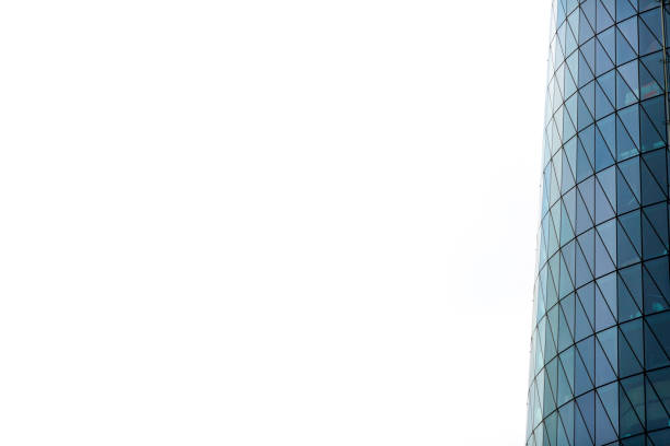 Closeup modern glass office building, skyscrapers, white background with copy space, full frame horizontal composition