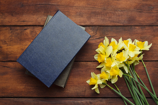 Spring flower Narcissus, Books on a dark wooden background.