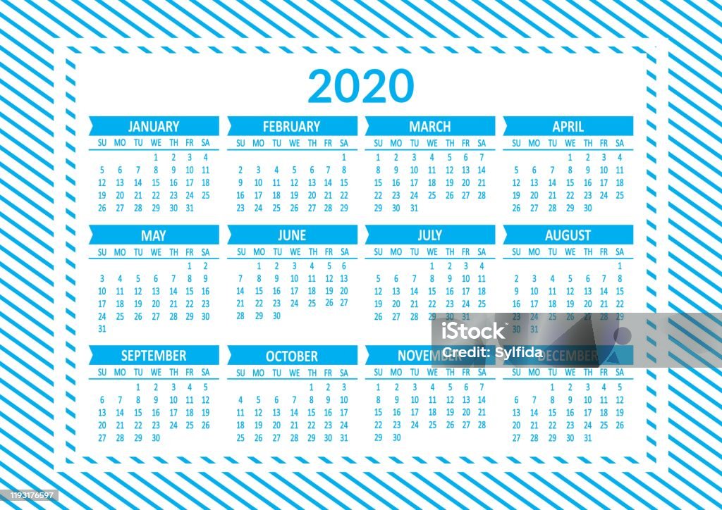 2020 Week Ranges Blue Yearly Calendar 2020 Week Starts From Monday Vector Stock ...