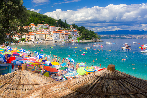 MOSCENISCA DRAGA, CROATIA - AUGUST 3. 2019 - Summer beach in Moscenisca Draga, in Croatia