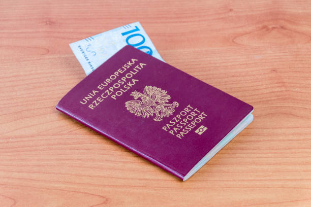 istock Polish biometric passport with Swedish banknote. 1193186094