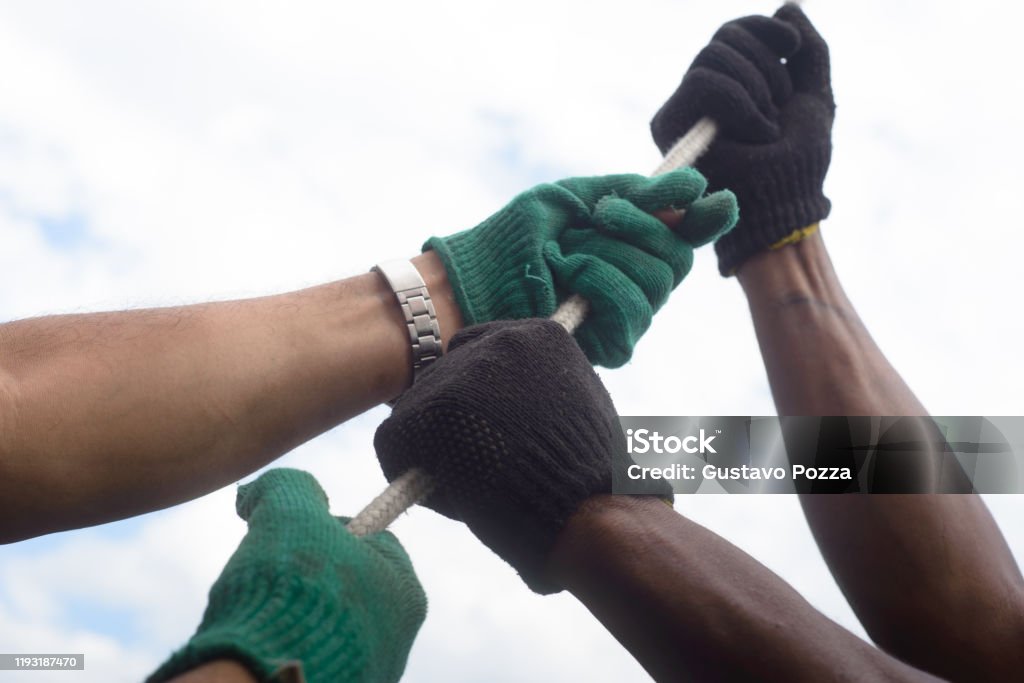 Workers Pulling Ropes Workers Pulling A Rope Stock Photo - Download Image Now - Hoisting, Two ...