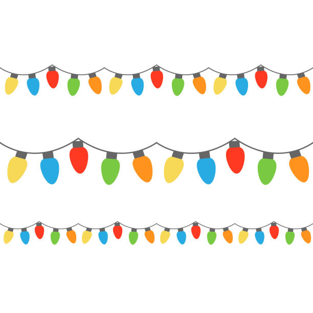 Christmas lights Christmas colorful lights on string. Colorful xmas light bulbs vector graphic illustration. illuminated illustrations stock illustrations