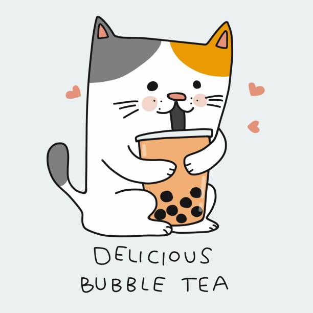 bildbanksillustrationer, clip art samt tecknat material och ikoner med katt dricka bubbla te tecknad vektor illustration doodle stil - katt thai