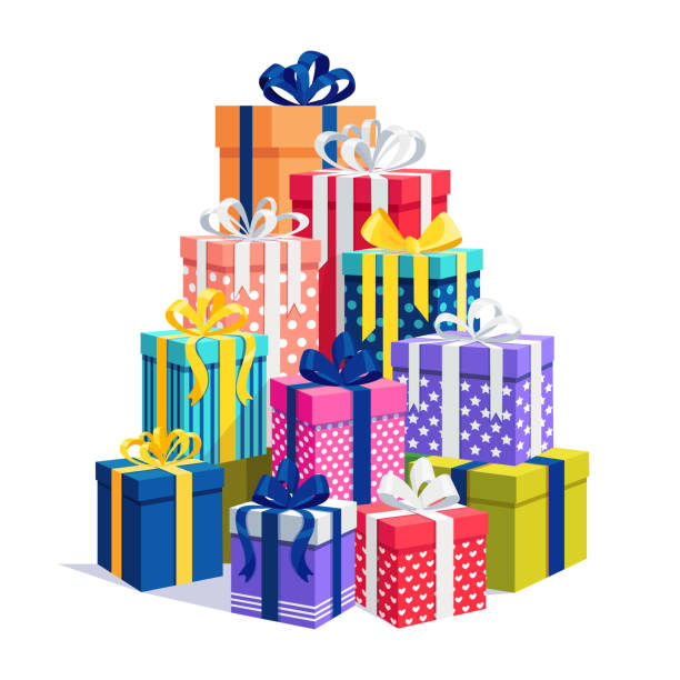 vánoční výprodej. 3d izometrická dárková krabička, přítomná stuhou, lukem, slavnostními vlajkami izolovanými na bílém pozadí. vánoční nákupní koncept. překvapení k výročí, narozeninám, svatbě. vektorový kreslený design - vánoční nadílka stock ilustrace
