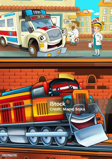 Cartoon Funny Looking Train On The Train Station Near The City And Ambulance  Car Driving Stock Illustration - Download Image Now - iStock
