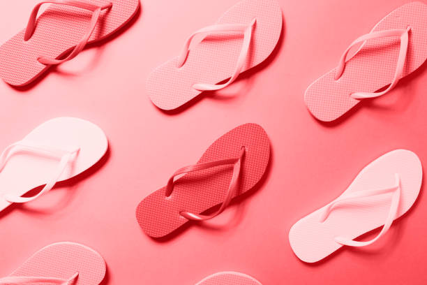 istock Multicolor flip flops on the solid background toned in trendy seasonal color, monochrome image 1193198750
