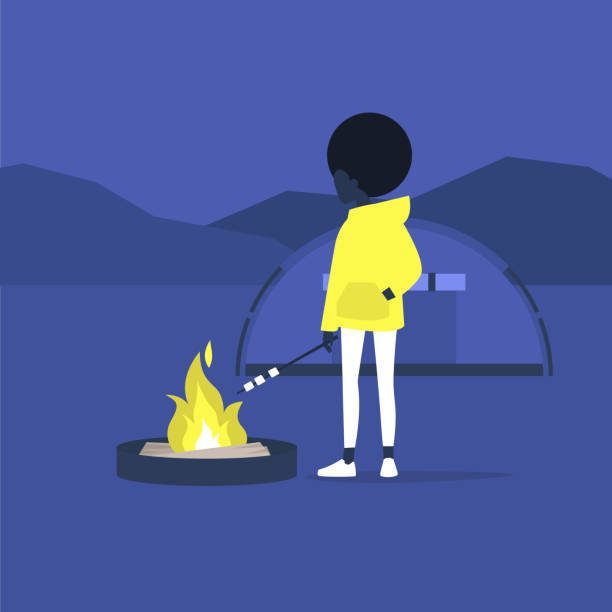 hiking in forest, young black female tourist roasting marshmallows on a campfire, hiking in forest, young black female tourist roasting marshmallows on a campfire, hiking snack stock illustrations