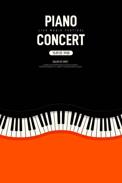 ilustraciones, imágenes clip art, dibujos animados e iconos de stock de concierto de piano y cartel del festival de música moderno estilo retro vintage - piano