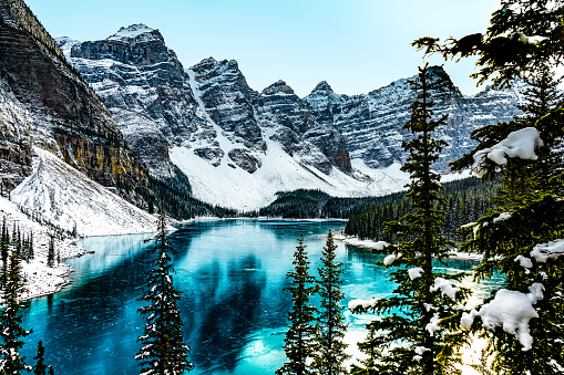 Panorama view of Moraine Lake in Banff National Park, Alberta, Canada during winter with frozen water