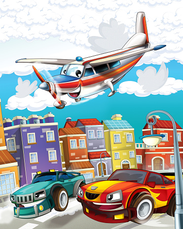 Cartoon Scene With Super Car Racing And Observing Plane Is Flying Over  Stock Illustration - Download Image Now - iStock