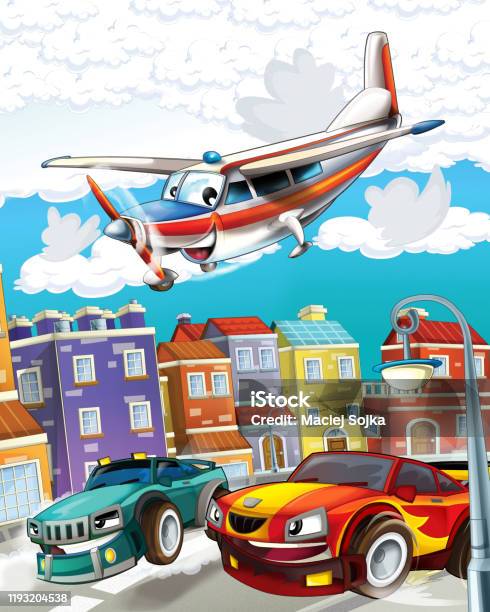 Cartoon Scene With Super Car Racing And Observing Plane Is Flying Over  Stock Illustration - Download Image Now - iStock