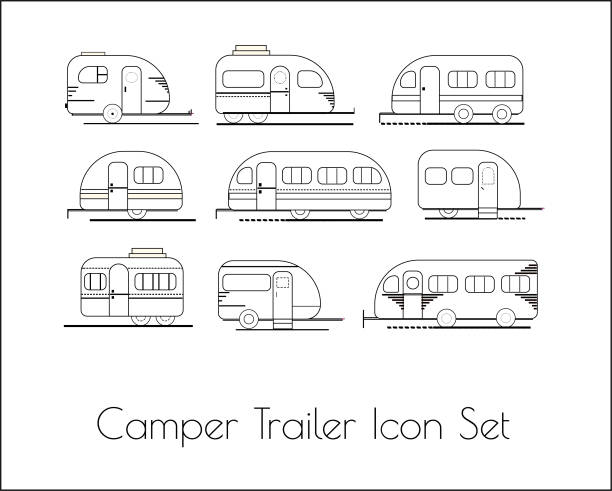 illustrations, cliparts, dessins animés et icônes de ensemble d'icônes de remorque de campeur - art de ligne - motor home mobile home vehicle trailer camping